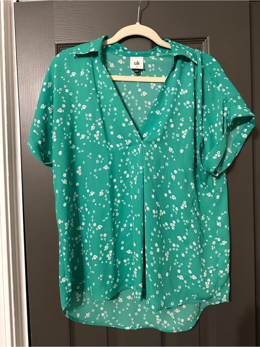 CAbi Teal Green Short Sleeve Floral Button-Down Blouse